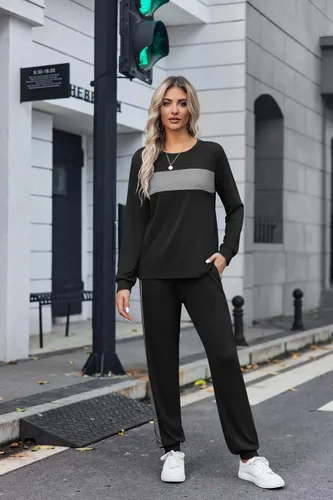 Vista 2 de HOTOUCH Conjunto de dos piezas para mujer, de manga larga, cuello redondo, sin botones y pantalones largos, sudadera de moda 2023
