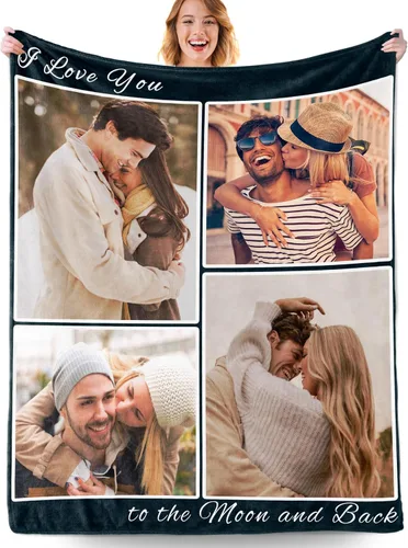 Vista 17 de Manta personalizada con fotos, manta personalizada con fotos con texto en inglés "I Love You", regalo de cumpleaños para novia, novio, esposa