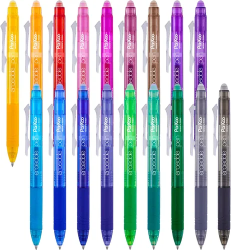 Vista 12 de ParKoo Bolígrafos de gel retráctiles borrables, punta fina de 0.028 in, tintas de colores surtidos para escritura de dibujos, paquete de 10