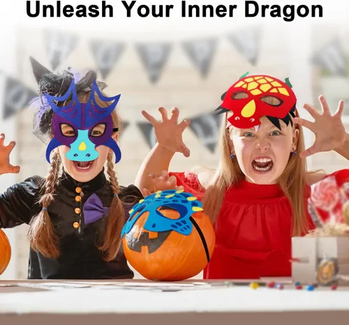 Vista 6 de iROLEWIN Paquete de 12 máscaras de dragón de fieltro para niños, recuerdos de fiesta, juguetes de dinosaurio, disfraces para niños y niñas, regalos