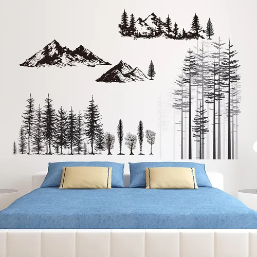 Vista 6 de Outus 3 hojas de calcomanías de pared de oso de bosque de montaña, calcomanías de pared de pinos, calcomanías de pared de árboles de bosque
