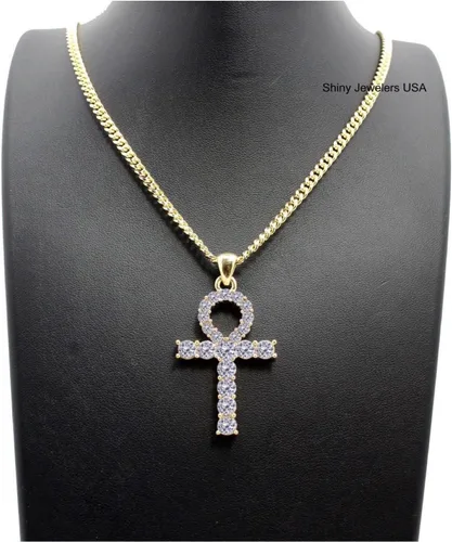 Vista 2 de Collar de cadena cubana con colgante de oro egipcio ANKH para hombre