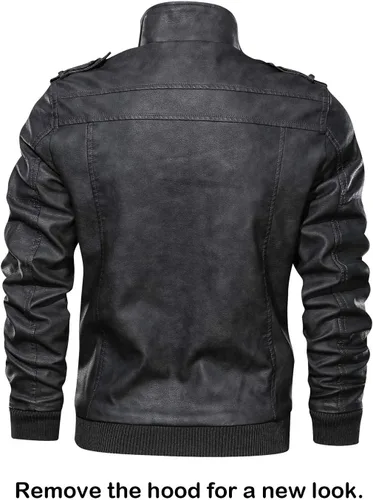 Vista 6 de Hood Crew - Chaqueta bomber para hombre, casual, con cuello alto, cazadora de moto, de piel sintética de poliuretano, con cremallera y capucha