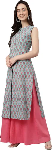 Vista 5 de Janasya Indian - Kurta recto de algodón azul aguamarina con estampado botánico para mujer