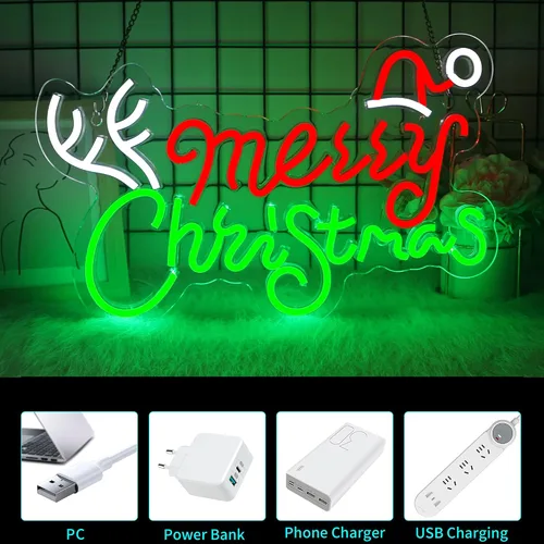 Vista 4 de Letrero de neón de Feliz Navidad, letreros de neón regulables JGHTURIE para decoración de pared, letrero iluminado para fiesta de Navidad, bar