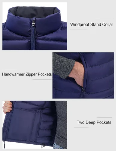 Vista 13 de Bakery Chaleco de plumón ligero plegable para hombre, chaleco acolchado con cuello alto, chaleco con cremallera, chaqueta sin mangas