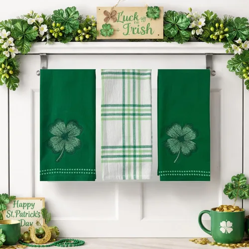 Vista 7 de Serafina Home Toallas de cocina de mano para invitados de baño irlandeses del día de San Patricio: suave y absorbente bordado, diseño de trébol
