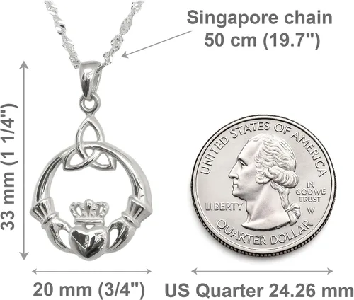 Vista 4 de Collar de plata esterlina 925 irlandés Claddagh - Colgante con nudo celta de trino con cadena de 20 pulgadas - Encanto de corona de corazón