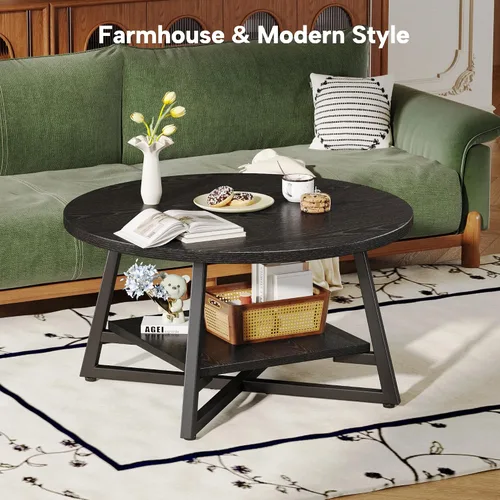 Vista 4 de Mesa de café para sala de estar, Mesa de café redonda, Mesa de café pequeña circular con almacenamiento, Mesa de centro redonda moderna de madera