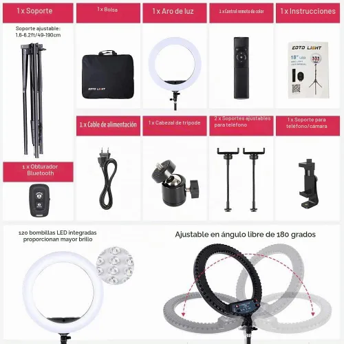 Vista 5 de Anillo de luz LED de 18 pulgadas con soporte de trípode, luz de anillo para selfie de maquillaje regulable para retrato de estudio, YouTube, Vlog