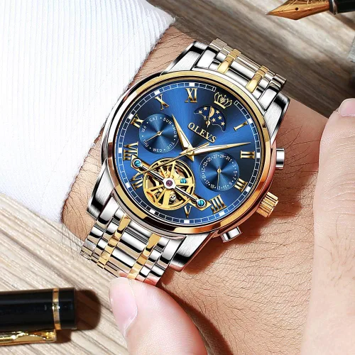 Vista 7 de OLEVS Relojes automáticos para hombre, esqueleto mecánico, de lujo, a la moda, reloj de pulsera luminoso impermeable