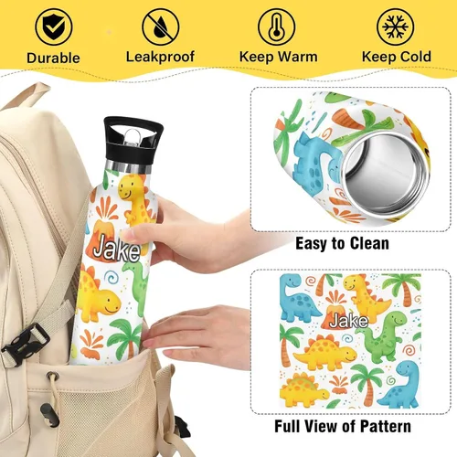 Vista 4 de Personalized Custom Name Water Bottle for Kids with Straw Leakproof Insulated Water Bottle 20oz, BPA-Free, Cute Cartoon Dinosaurs White