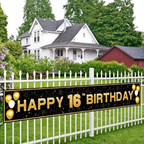 Vista 3 de Decoraciones de cumpleaños número 16 para niños y niñas, pancarta de decoración de feliz cumpleaños de 16 años en negro y dorado, suministros