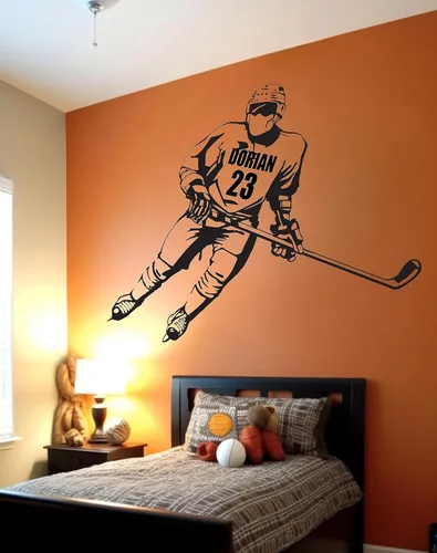 Vista 2 de Calcomanía de pared personalizada de jugador de hockey con nombre y número personalizados, arte de pared de vinilo para entusiastas