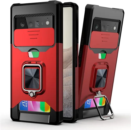 Vista 12 de Funda tipo billetera para Google Pixel 7/7Pro, con cubierta deslizante para cámara, ranura para tarjetero y anillo magnético con soporte, funda Negro