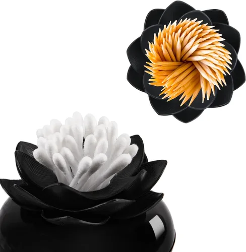 Vista 3 de Bloss - Juego de recipientes para bastoncillos de algodón con forma de flor de loto. Caja pequeña para palillos de dientes QTips. Decoración floral