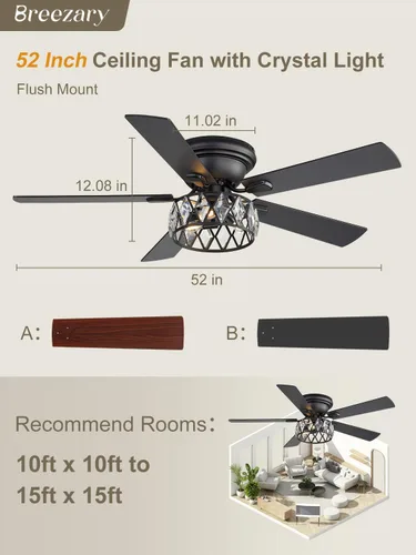 Vista 14 de Ventiladores de techo de montaje empotrado de 52 pulgadas con luces y control remoto, 5 aspas de doble cara, motor CC reversible de 6 velocidades