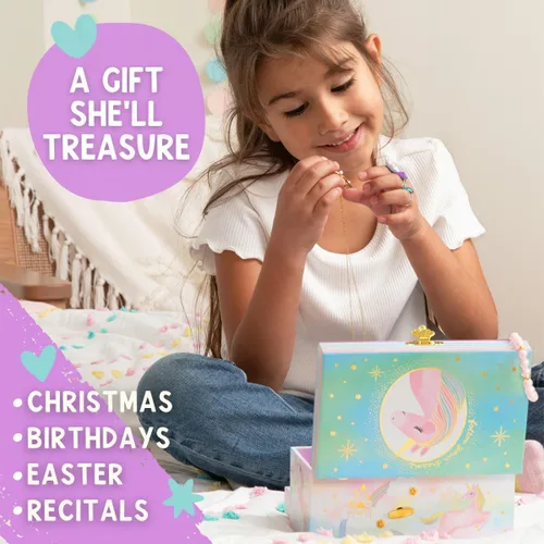 Vista 4 de Joyero musical de unicornio para niñas, caja de música de unicornio bailarín con espejo, regalos de unicornio para niñas pequeñas, cajas de joyería