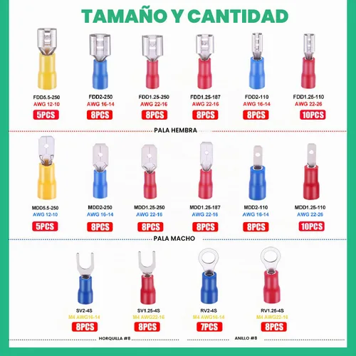 Vista 6 de Twidec/Conectores de crimpado de pala 2.8mm/4.8mm/6.3mm Kit de conectores de pala macho y hembra Incluye anillo de horquilla Conector de alambre 125
