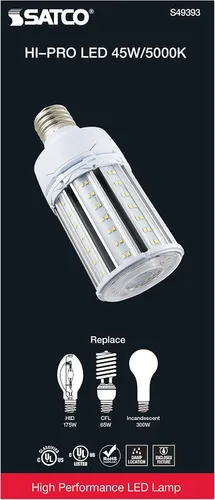 Vista 5 de Satco S49393 Bombilla LED de mazorca de maíz, base extendida Mogul, 45 W, clasificación de 35000 horas, 6210 L, luz natural