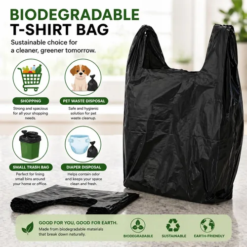 Vista 4 de Bolsa de plástico biodegradable negra para camisetas (600 unidades) Bolsas multiusos compatibles con Arm & Hammer, bolsas multiusos para latas