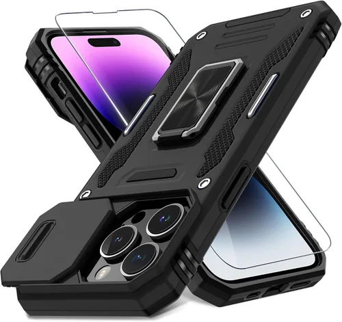 Vista 192 de DEERLAMN Funda para iPhone Xs Max con funda deslizante para cámara + protector de pantalla, soporte giratorio de anillo de grado militar a prueba