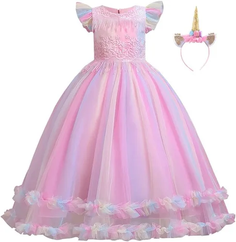 Vista 10 de Vestido de cumpleaños de princesa arcoíris de unicornio para niñas, disfraz de carnaval, fiesta de Navidad, vestido largo con diadema C002 Rainbow