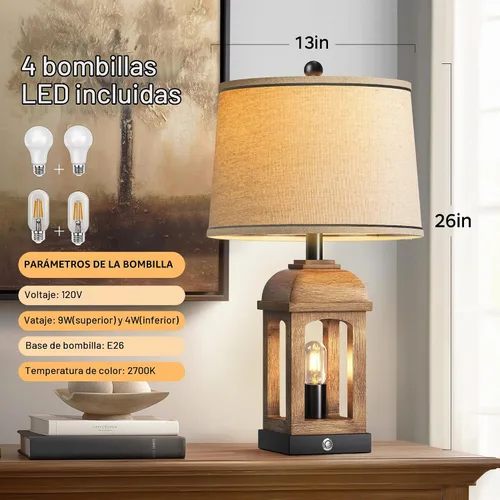 Vista 5 de QiMH Lámpara de Mesa para Sala de Estar, Juego de 2 Lámparas de Estilo Rústico con USB A+C y Luz Nocturna, Lámparas de Mesita de Noche Rústicas