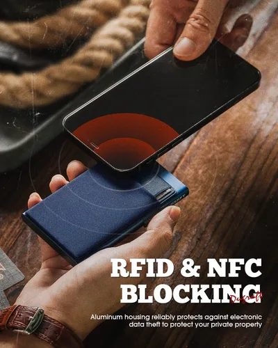 Vista 18 de DUGRAFT Tarjetero para tarjetas de crédito con bolsillo para dinero, minimalista, delgado, de aluminio, de metal, para hombres, con bloqueo RFID