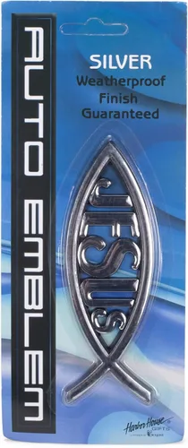 Vista 2 de Emblema para automóvil, con diseño de pez cristiano pequeño, Jesús, color plateado.