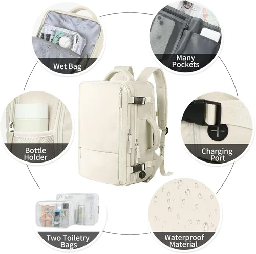 Vista 6 de Hanples Mochila de viaje para mujeres y hombres, mochila grande para artículos personales, mochila para laptop aprobada por la TSA Flight, Beige