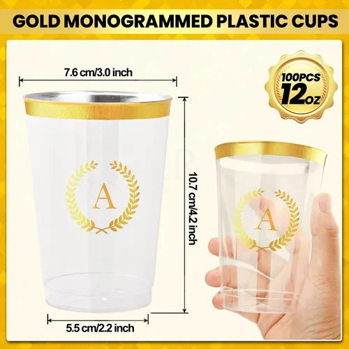 Vista 2 de 100 vasos de plástico con monograma de lámina dorada con letra A, vasos desechables de 12 onzas con inicial transparente para fiestas, bodas