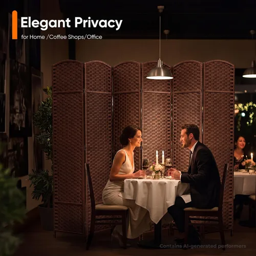 Vista 6 de 6 Panel Woven Room Divider, 69" Folding Privacy Screen, Brown Marrón