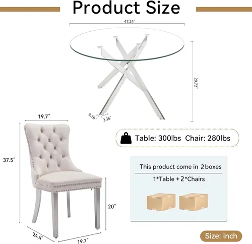 Vista 3 de Juego de mesa de comedor de cristal plateado moderno de 47 pulgadas para 2, juego de mesa de comedor de cocina redonda de 3 piezas con patas