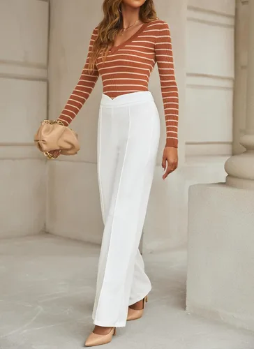 Vista 4 de Vetinee Pantalones de vestir para mujer, estilo casual, de cintura alta, pierna ancha, para trabajo, oficina, pantalones elásticos