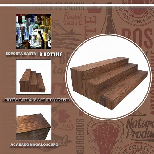 Vista 2 de Soporte para botellas de licor, estante de exhibición de botellas de licor de 3 niveles de 24 pulgadas, capacidad para 18 botellas, madera real,