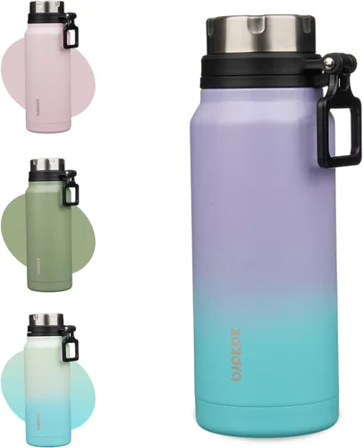 Vista 46 de BJPKPK Botella de agua aislada de 24 onzas con asa, sin BPA, botella térmica de viaje de acero inoxidable reutilizable, botella de agua grande, Negro