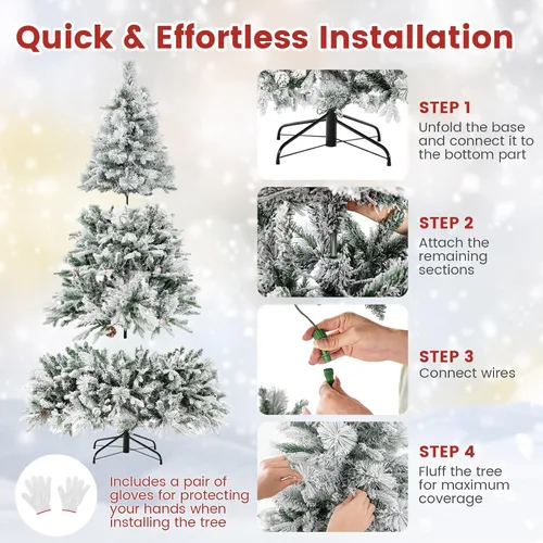 Vista 4 de Goplus - Árbol de Navidad artificial de 7 pies con nieve ya colocada, árbol de Navidad artificial con bisagras, con 320 luces LED multicolor, 8