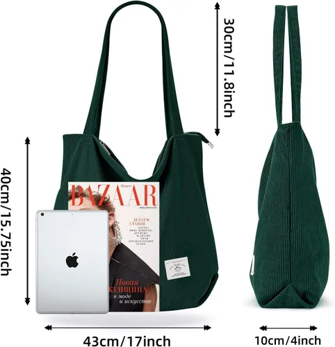 Vista 2 de KALIDI - Bolsa de pana para mujer, con cremallera, casual, de gran capacidad, con bolsillos