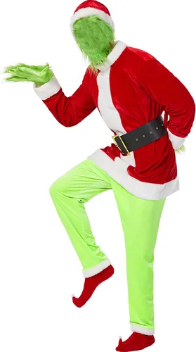 Vista 2 de Christmas Costume for Men Adult Green Big Monster Santa Suit 7PCS Deluxe Furry Halloween Cosplay Outfit Set Holiday