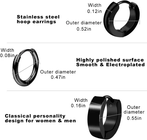 Vista 3 de ONESING 10-15 pares de aretes para hombre, aretes negros de acero inoxidable para hombres y mujeres, juego de aretes de piercing para hombre, Acero