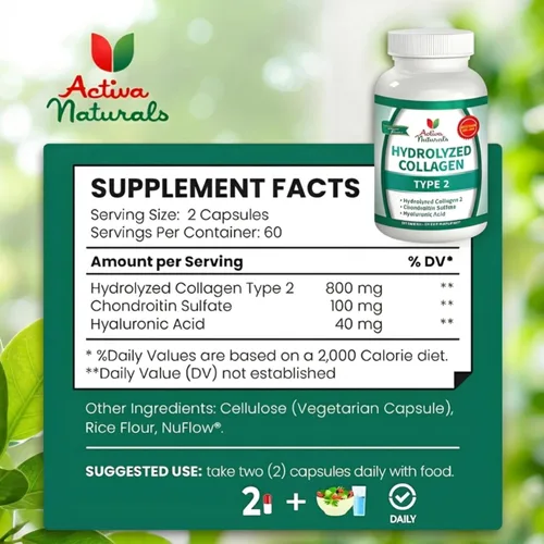 Vista 2 de Suplemento hidrolizado de colágeno tipo 2 con condroitina e hialurónico - 120 Veg. Caps