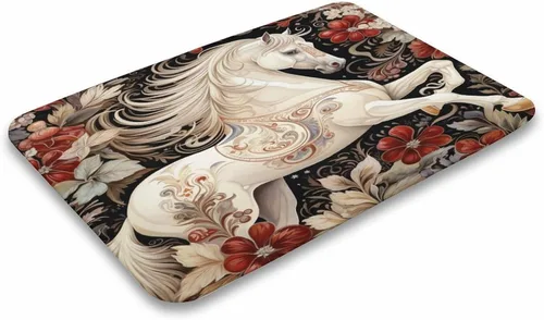 Vista 4 de Alfombra de baño de flores de caballo blanco, regalos de caballo para niñas, alfombra de baño de terciopelo antideslizante, tapete de ducha de felpa