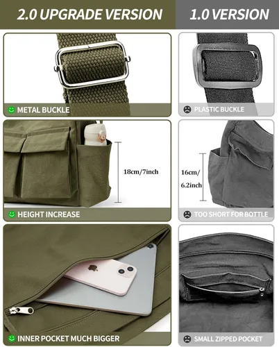 Vista 5 de KALIDI - Bolsa de lona con bolsillos, bolso bandolera grande para mujeres, hombres, universidad, trabajo, viajes, casual