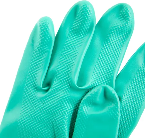 Vista 19 de Restaurantware Guantes de limpieza verdes, 10 pares de guantes de nitrilo de 15 mil de grosor, pequeños y resistentes con puño largo, forro