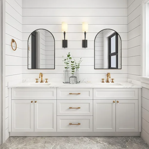 Vista 3 de Espejo arqueado negro de 16" x 20", espejo de pared para baño con arco, espejo de tocador de baño con marco de metal y parte superior arqueada
