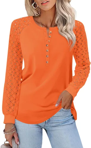 Vista 9 de Minetom Camisetas de manga larga con encaje para mujer, blusas casuales