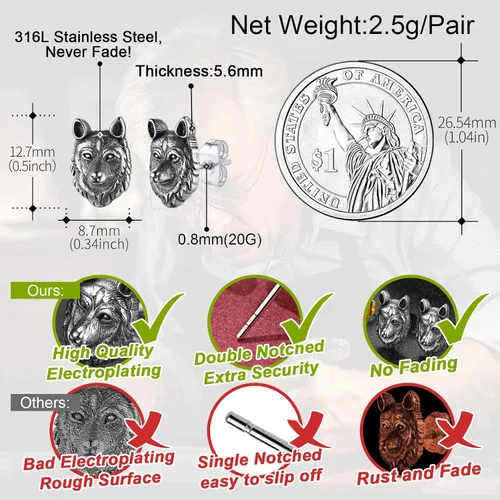 Vista 5 de FaithHeart Norse Vikingo Jewelry - Aretes de tuerca de plata de ley de acero inoxidable, lobo celtamartillo de Thors para mujeres y hombres, Acero