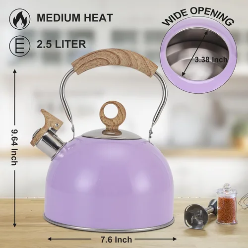 Vista 4 de Hervidor de té silbante de 85 onzas / 2.5 litros, ollas para estufa, acero inoxidable de grado alimenticio con mango plegable con patrón de madera