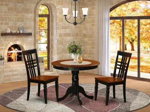 Vista 2 de East West Furniture El juego de habitación ANLG3-BCH-W de 3 piezas contiene una mesa de cocina redonda con pedestal y 2 sillas de comedor, 36 x 36
